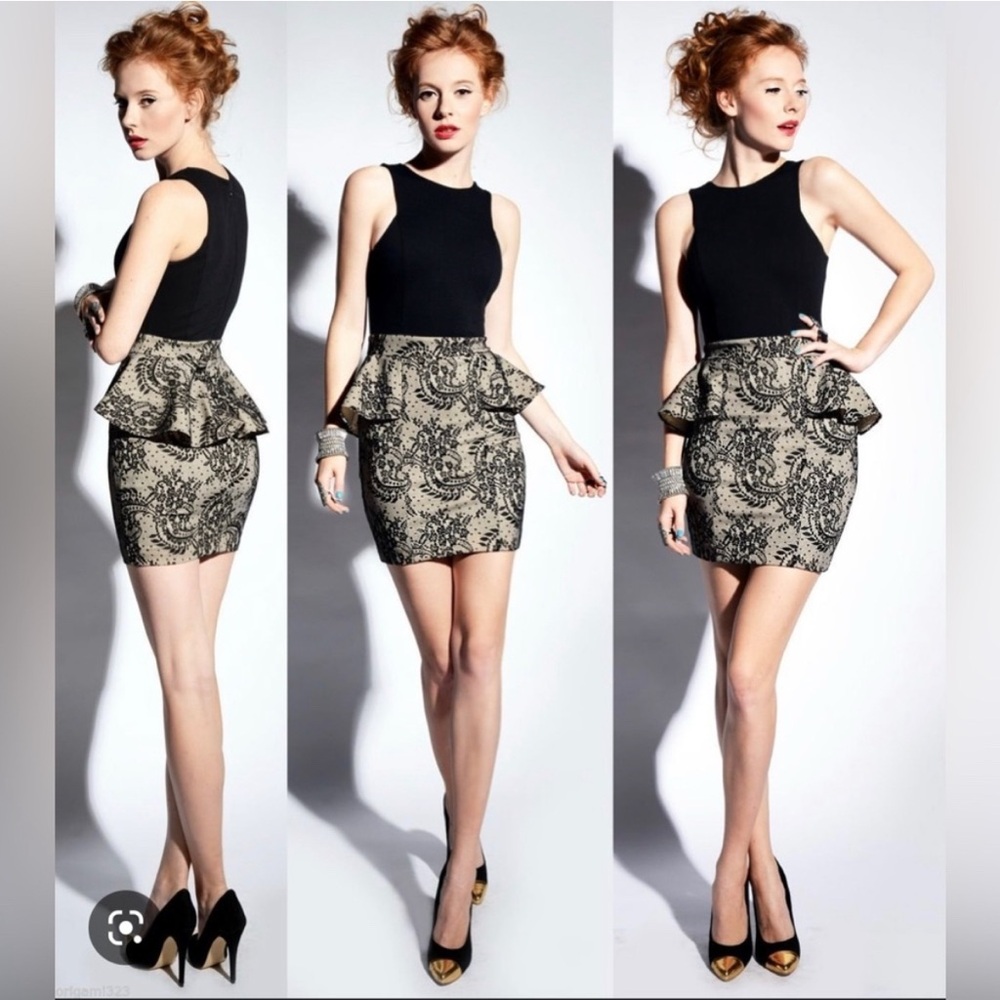 Black/Nude BEBE Peplum Lace Pencil Dress - Large